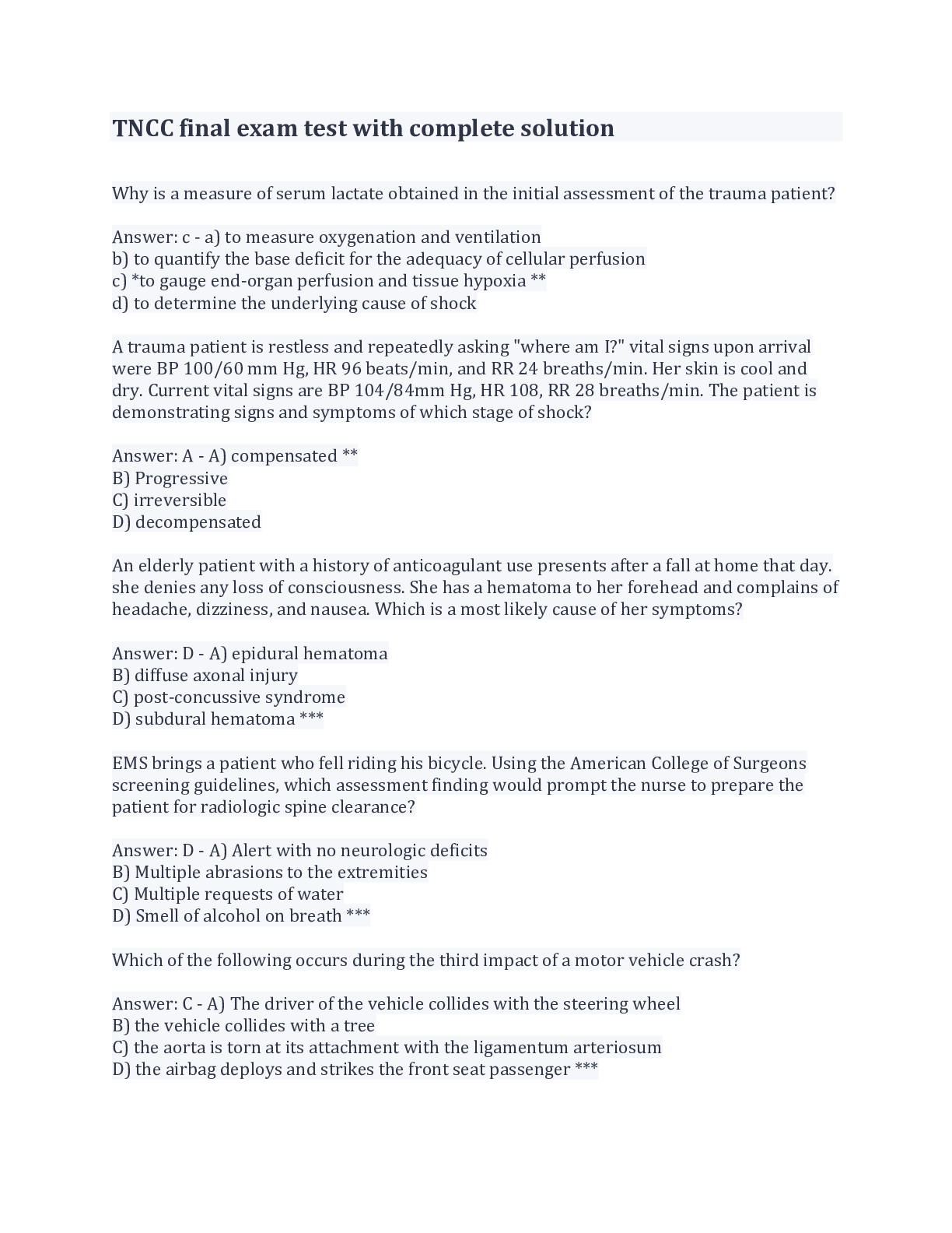 Preview image of TNCC final exam test with complete solution document